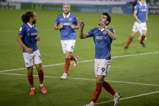John Marquis celebrates netting Pompey's opener against Northampton at Fratton Park. Picture: Robin Jones/Getty Images