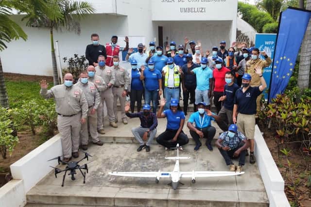 The participants in the Mozambique wide-area search experiment; UoP drone pilot, Toby Meredith, is standing front-right.  (photo credit: Patrick McKay, UN WFP)