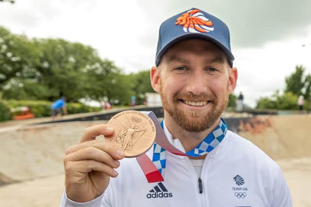 BMX rider Declan Brooks with his bronze medal. Picture: Mike Cooter (070821)