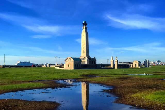 Portsmouth Naval Memorial looking beautiful reflected in the puddles in the sunshine taken today by Matthew Ponsford Instagram: @southofalbertroad