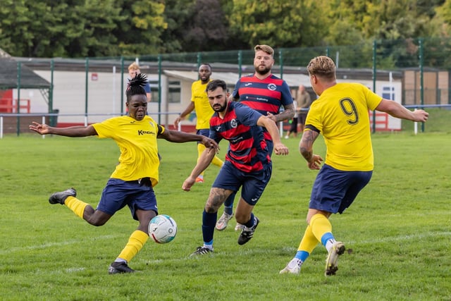 Paulsgrove (red/blue) v Baffins Milton Rovers Reserves. Picture: Mike Cooter