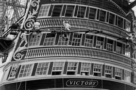 July 1934:  The HMS Victory, flagship of Lord Nelson at the Battle of Trafalgar in 1805, moored at Portsmouth.  (Photo by Fox Photos/Getty Images)