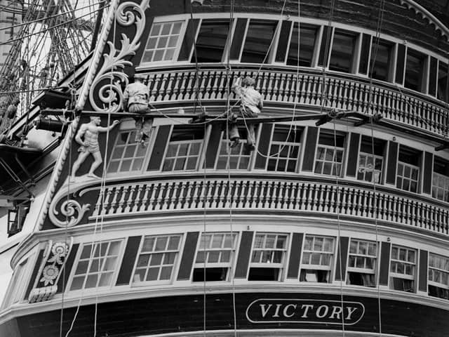 July 1934:  The HMS Victory, flagship of Lord Nelson at the Battle of Trafalgar in 1805, moored at Portsmouth.  (Photo by Fox Photos/Getty Images)