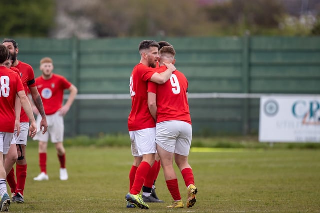 Gosport Town celebrate after scoring in their 4-0 victory over Lee Rangers in the Portsmouth & District FA Trophy final at Cams Alders. Picture: Alex Shute