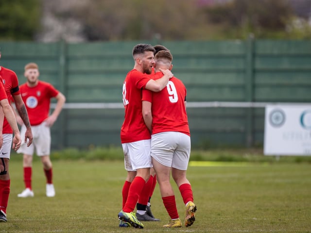 Gosport Town celebrate after scoring in their 4-0 victory over Lee Rangers in the Portsmouth & District FA Trophy final at Cams Alders. Picture: Alex Shute