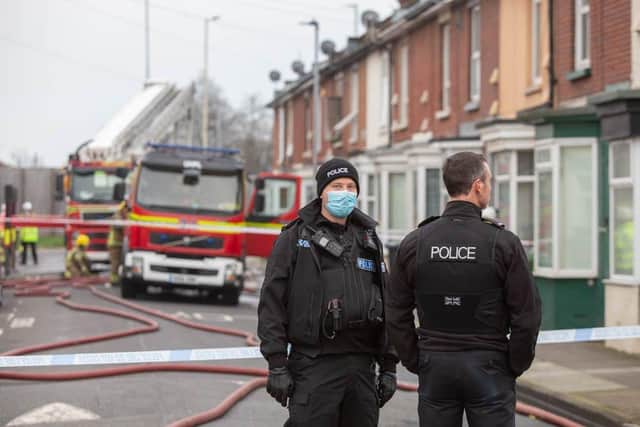 Residents evacuated after Portsmouth house explosion in Whale Island Way, Portsmouth on 1 January 2020.
Pictured: Police and fire services at the scene at Whale Island Way, Portsmouth
Picture: Habibur Rahman