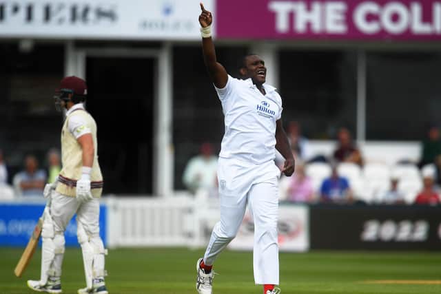 Keith Barker bagged 4-16 as Northants mustered  the lowest team total in Ageas Bowl history. Photo by Harry Trump/Getty Images
