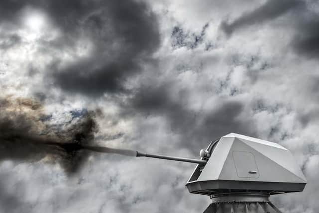 The Bofors 57 Mk3 naval gun firing. The weapons system is to be fitted to the Type 31 frigate. Photo: BAE System/Royal Navy