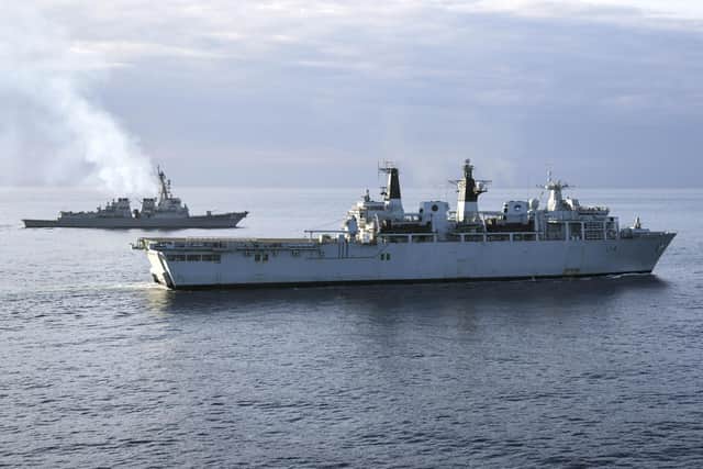 Pictured: HMS Albion L14 – Royal Navy Landing Platform Dock and USS Roosevelt DDG80 – US Navy Arleigh Burke class guided missile destroyer.
Picture credit: Ben Corbett