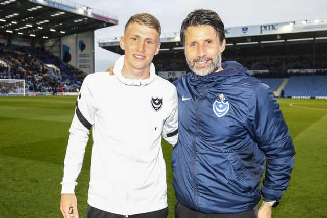 Harry Jewitt-White with Pompey boss Danny Cowley after the young midfielder signed first-year pro terms on Tuesday night. Picture: Photo by Robin Jones - Digital South
