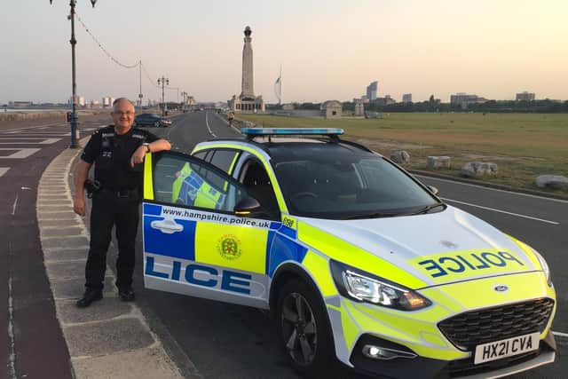 Former inspector Kelvin Shipp with his patrol car on Clarence Esplanade, Southsea, in 2021. He has been given the King's Police Medal in the New Year's Honour List 2023