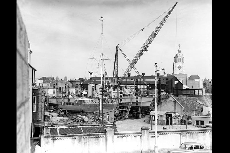 The Fast Patrol Boat HMS Bold Pathfinder on the slip at Vosper's Broad St Yard Old Portsmouth on 28 August 1952. This ship was the Company's first gas turbine powered vessel being fitted with twin Metro-Vickers G2 Gas turbines and twin Mercedes Benz diesels taken from a captured German E Boat for crusing. This installation was an early example of the combined diesel or gas turbine machinery fit now common in modern warships. Picture: Courtesy of Mark Barrett