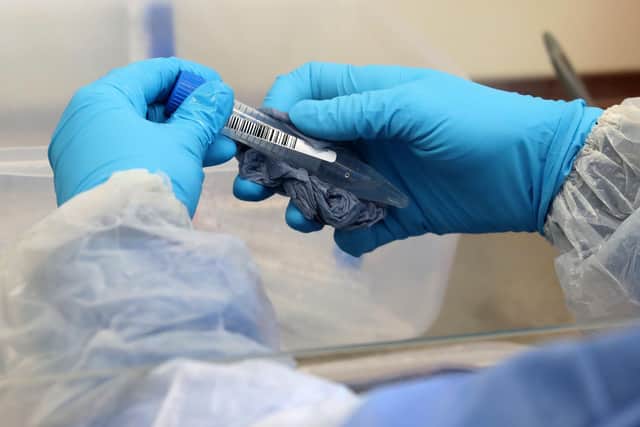 A laboratory technician wearing full PPE (personal protective equipment) cleans a test tube containing a live sample taken from people tested for the novel coronavirus,.
Photo by ANDREW MILLIGAN/POOL/AFP via Getty Images