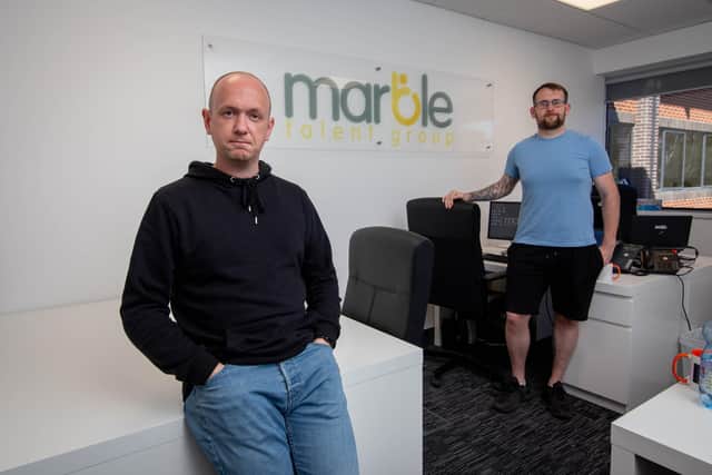 Luke Porter with his cousin, Pete Cobb at their office Marble Talent Group, in Port Solent.
Picture: Habibur Rahman