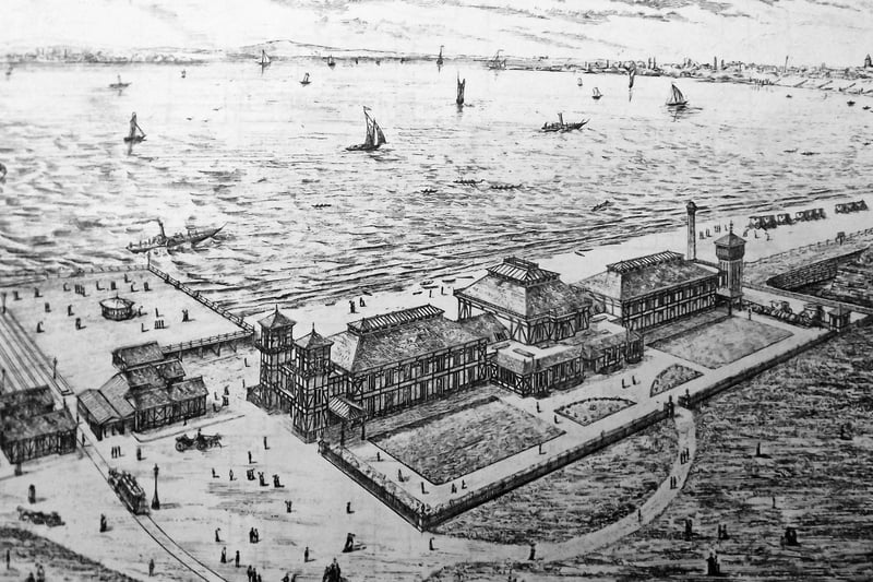 The original Clarence Pier of 1871, when horse drawn trams terminated at platforms (seen on the pier to the left).