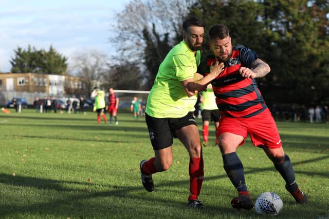 Paulsgrove (red and black) in Hampshire Premier League action against Bush Hill (now Millbrook) in October 2020. Picture: Chris Moorhouse