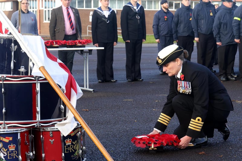 Commanding Officer, of HMS Sultan, Captain Jo Deakin OBE, laying a wreath.