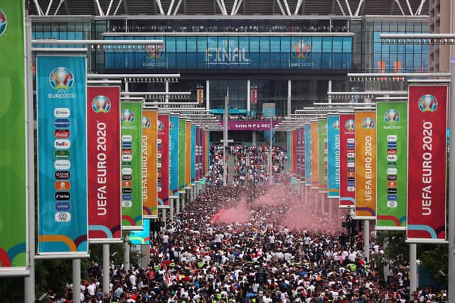 A general view outside the stadium along Wembley Way as fans enjoy the pre match atmosphere prior to the UEFA Euro 2020 Championship Final between Italy and England at Wembley Stadium on July 11, 2021 in London, England. Picture: Alex Pantling/Getty Images