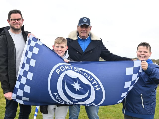 Thousands of Pompey FC fans flocked to Southsea Common to celebrate the team's League One title and promotion.  Pictured: (Left to Right) Gary, Teddy, Gary and Riley Youngs  Picture Credit: Keith Woodland
