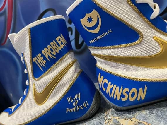 Michael McKinson's bespoke Pompey boots he'll be wearing live on Sky Sports
