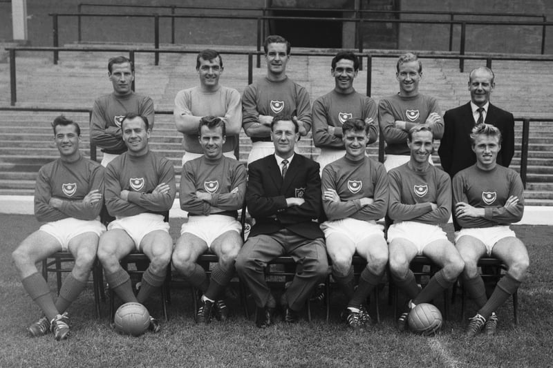 Members of the Portsmouth Football Club team squad pose for a group photo together with manager George Smith (front row centre) on the pitch at the club's Fratton Park stadium in Portsmouth at the start of the 1963-64 Second Division football season on 24th August 1963. (Photo by Daily Express/Hulton Archive/Getty Images)