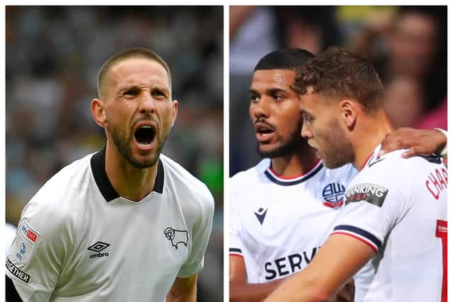 Derby midfielder Conor Hourihane, left, and Bolton striker Dion Charles