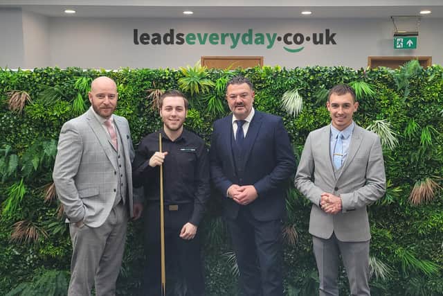 Mark Lloyd pictured with staff from his new sponsors Fareham ad agency Leads Everyday (from left) Nathan Dove, Mark Lloyd, Wayne Yeates and Max Young