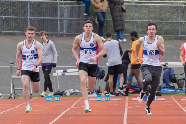 City of Portsmouth AC trio (from left) Dan Smith (155), Sam Foord (163) and  Hayden Van Zeil	(152) in the 100m heats. Picture by Paul Smith