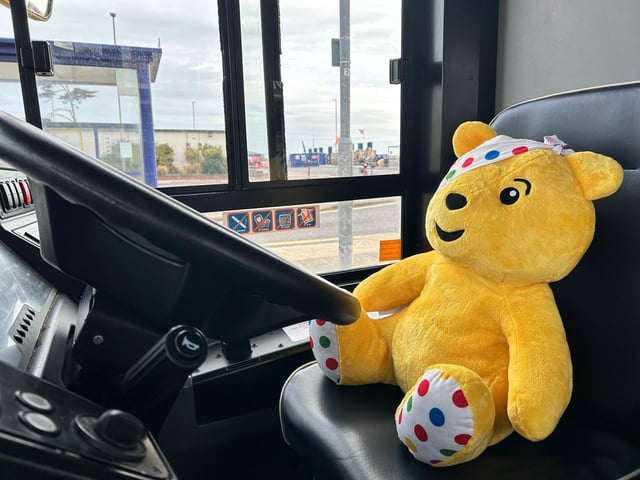 Pusey in the driver's seat of the Children In Need 'Pudsey' bus