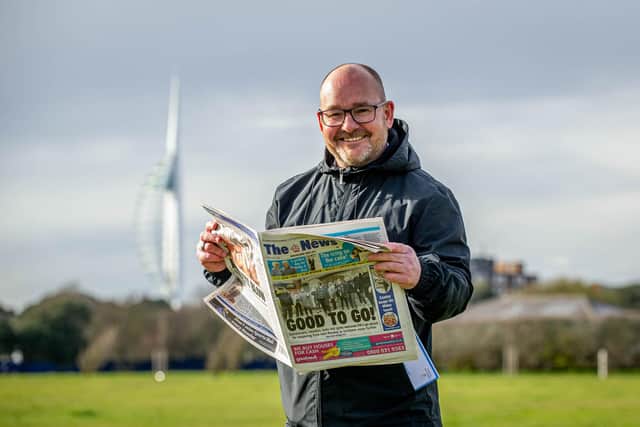 We love The News campaignPictured: Gethin Jones with a copy of The News in Southsea, Portsmouth on 6 April 2021.Picture: Habibur Rahman