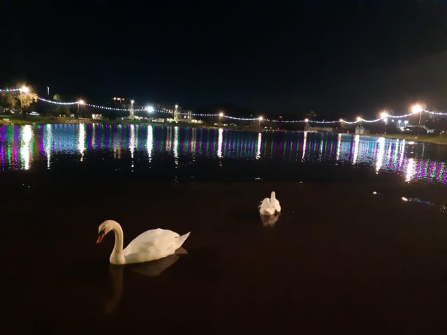 The flooded Canoe Lake by night.