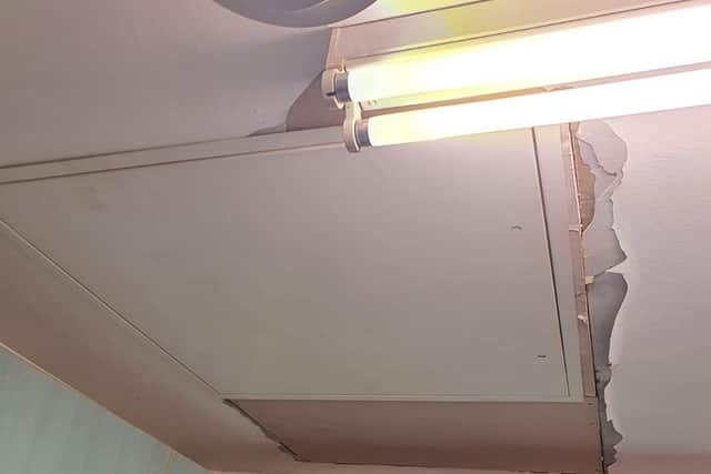 Damage to the ceiling in the halls of residence.