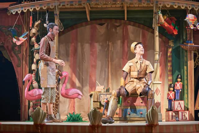 Alfie Ayling as Geppetto, Archie Elliot as Pinocchio in CFYT's Christmas 2020 show, Pinocchio. Photo by Manuel Harlan