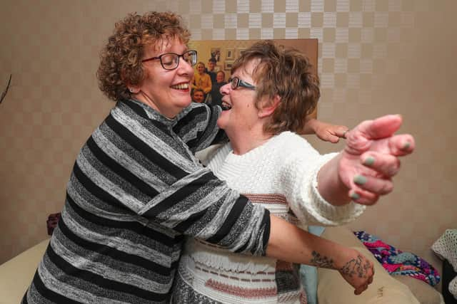 Lisa Wadey hugs her mum Angela for the first time since lockdown restrictions were relaxed. 
Picture: Stuart Martin (220421-7042)