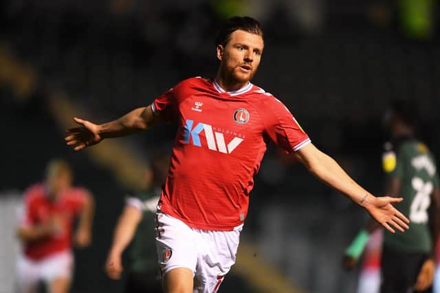 Alex Gilbey celebrates his goal at Plymouth tonight (Photo by Harry Trump/Getty Images)