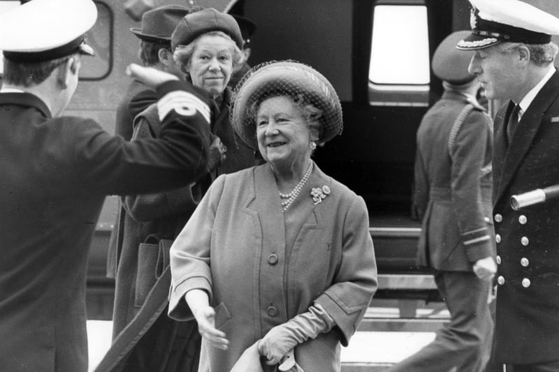 Queen Mother on a visit to HMS Ark Royal in December 1986. The News PP1585