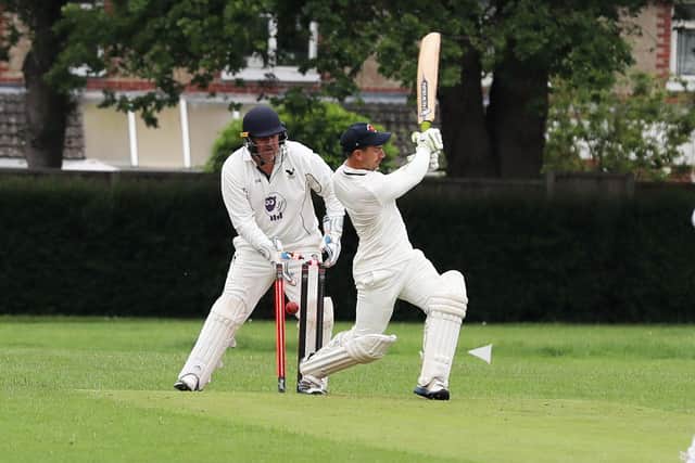 Waterlooville 2nds skipper Jake Charman is bowled by Alexander Macadam of Purbook 2nds. Picture: Sam Stephenson