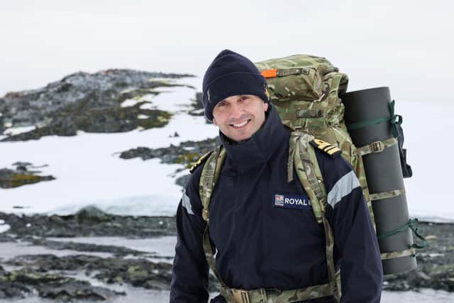 Lt Cdr Dave Pitt spent the night camping on the Pitt Islands. Picture: LPhot Belinda Alker/Royal Navy.