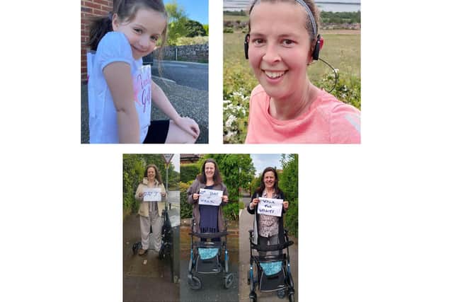 Various challenges are being taken on to raise funds for Emsworth charity Verity's Gift, started by George 'Topsy' Turner in memory of his wife. Pictured clockwise from top left: Daisy Berwick, Alice Melly and Debi Snowdon