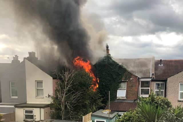 Flames coming from a property in Nelson Avenue, North End, after an explosion. Picture: Paige Emery