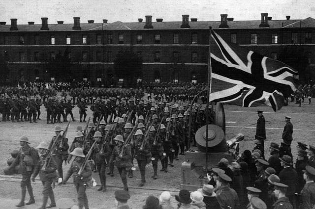 A turn of the century view of a parade at Eastney Barracks