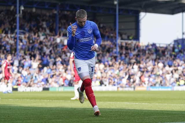 Ronan Curtis celebrates another goal, this time against Gillingham in April. Picture: Jason Brown/ProSportsImages