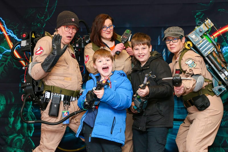 Brothers Olly Evans, 9, and Cailen Evans, 12, front right, join the team. Cosplay enthusiasts Portsmouth Ghostbusters at Port Solent, Portsmouth, fundraising for Cancer Research UK
Picture: Chris Moorhouse