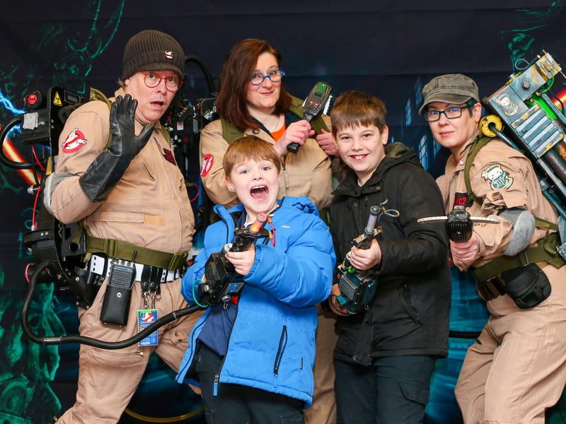 Brothers Olly Evans, 9, and Cailen Evans, 12, front right, join the team. Cosplay enthusiasts Portsmouth Ghostbusters at Port Solent, Portsmouth, fundraising for Cancer Research UK
Picture: Chris Moorhouse