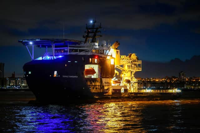 Newly acquired future Multi Role Ocean Surveillance Ship (MROS) sailing into Cammell Laird, Birkenhead, Liverpool.