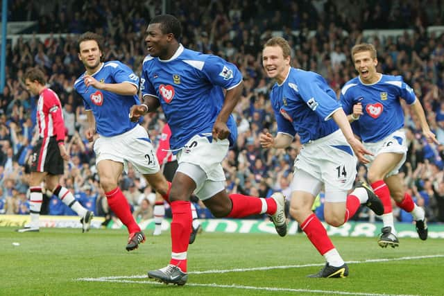 Yakubu celebrates scoring from the penalty spot with team-mates, from  left to right, Patrick Berger, Matthew Taylor and Gary O'Neil.  Picture: Mike Hewitt/Getty Images