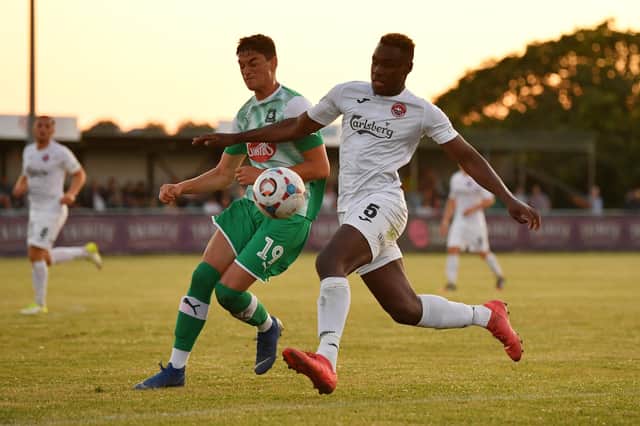 New Gosport signing Harlain Mbayo, right, in action for Truro City in July 2019. Photo by Dan Mullan/Getty Images.