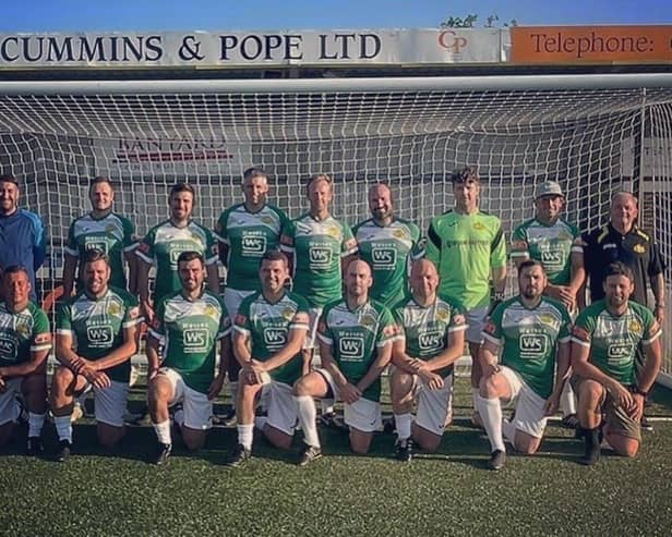 Moneyfields Veterans. Back (from left): Steve Wall (joint manager), Luke Middleton, Gary Bickle,  Gavin Spurway, Robbie Pook, Paul Cartwright, Wes Chalmers, Paul Stanley, Louis Savage snr (joint manager). Front:  James Kerridge, Matt Jones, Warren Hunt, Ant Jeram, Louis Savage jnr, Ash Boyle, Sean Wain, Jamie Lacey (captain).