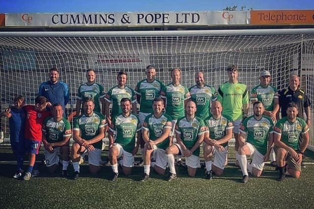 Moneyfields Veterans. Back (from left): Steve Wall (joint manager), Luke Middleton, Gary Bickle, Gavin Spurway, Robbie Pook, Paul Cartwright, Wes Chalmers, Paul Stanley, Louis Savage snr (joint manager). Front: James Kerridge, Matt Jones, Warren Hunt, Ant Jeram, Louis Savage jnr, Ash Boyle, Sean Wain, Jamie Lacey (captain).