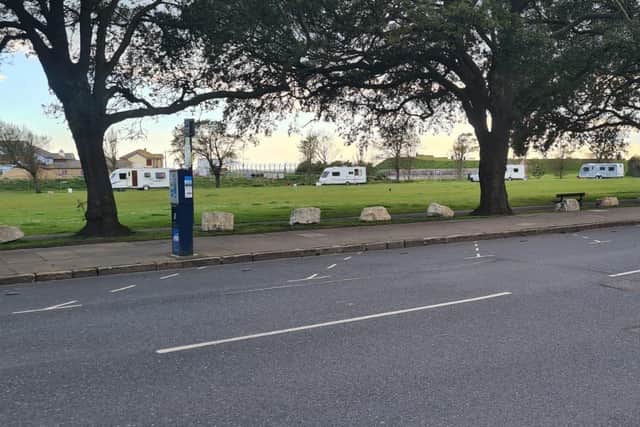 Travellers arrive at site behind Clarence Pier by Pembroke Road, Southsea, on May 26, 2021.